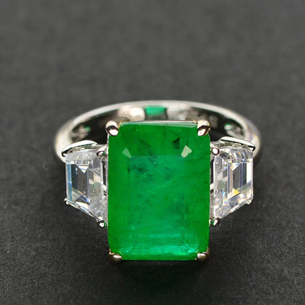 

Vintage 100% 925 Sterling Silver 10x14mm Emerald Diamond Gemstone Birthstone Wedding Engagement Ring Fine Jewelry Accessories