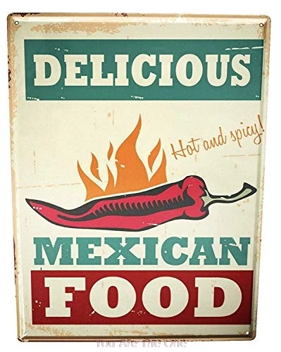 Потертая металлическая жестяная настенная вывеска мексиканская еда опасность