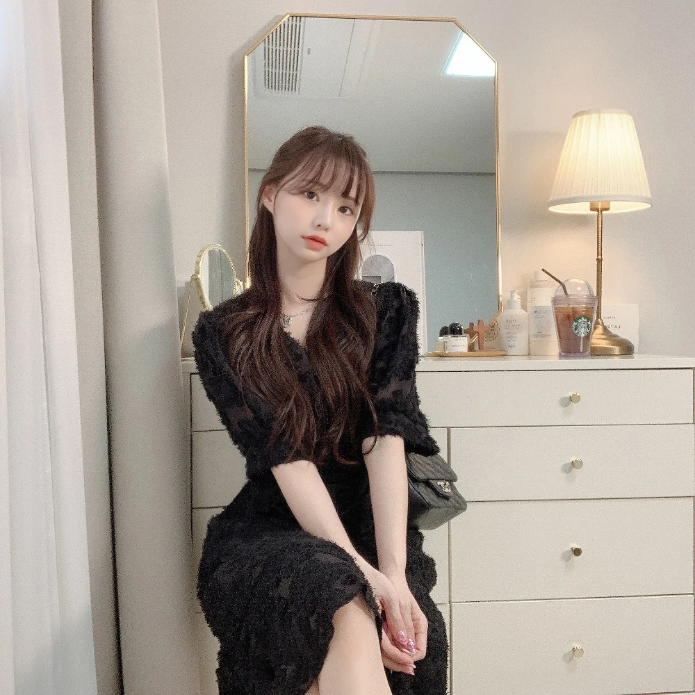 

Tassel Summer Black Dress Women Korean V-Neck Party Dress High Waist Short Sleeve Vintage Chiffon Dress Pleated Lace Up