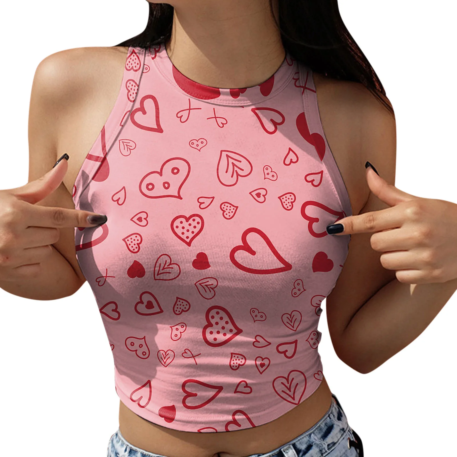 

Sexy Love Print Suspender Bottoming Shirts Women's Crop Top Casual Tees 2022 Summer Sleeveless Tank Tops Pink Debardeur Femme