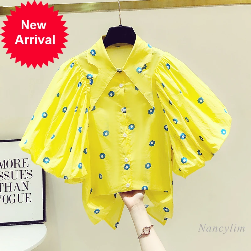 

Floral Printed Yellow Blouse Women Short Puff Sleeve Doll Collar Loose Shirt Summer Clothing New Tops Blusas Mujer 2021