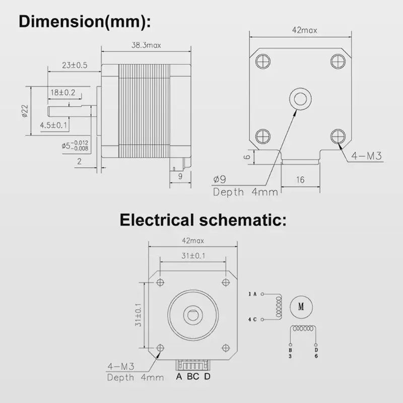 

H7JA Nema17 Stepper Motor 0.9 degree motor 42 Motor Nema 42BYGH 1.5A 38mm 17HS4401 17HS4401S Pulse value 4-lead for 3D printe