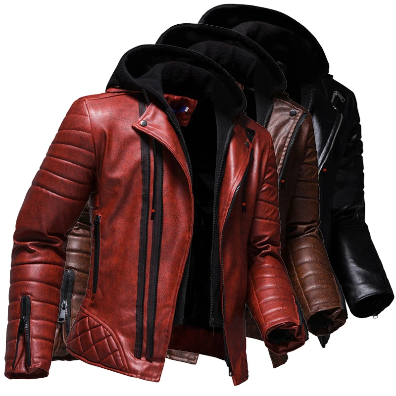 Trend New  Hooded Leather Jacket Personality  Fashion Men' S Motorcycle Leather