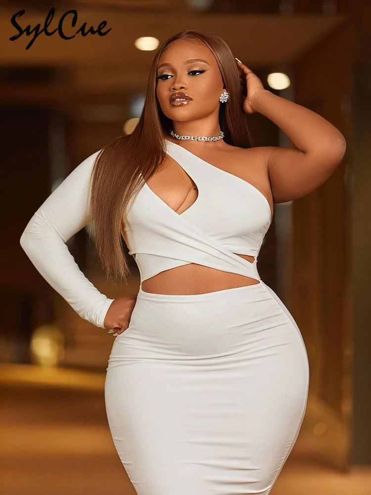 

Sylcue Aarly Winter New Simple Classic White Elegant Fashion Oblique Shoulder Navel Tight-Fitting Long-Sleeved Hip Dress