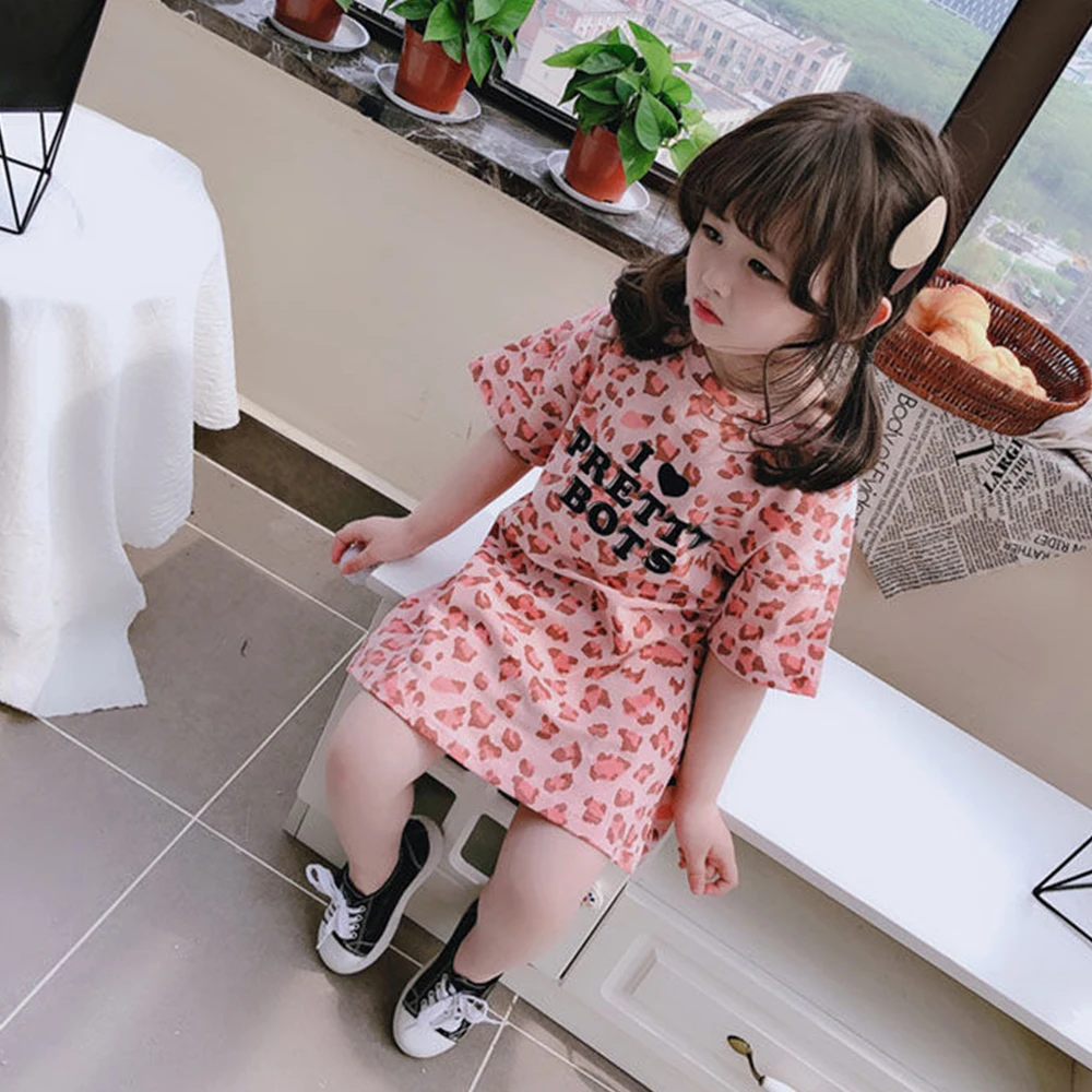 

Женское модное прямое платье с буквенным принтом, лето 2021, одежда для маленьких девочек, платье с коротким рукавом, розовое леопардовое детс...