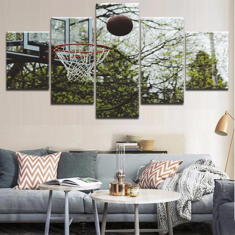 

Wall Art Painting Modular Pictures Framework 5 Panel Basketball Ring And Ball Home Decor Living Room HD Printed Modern Canvas