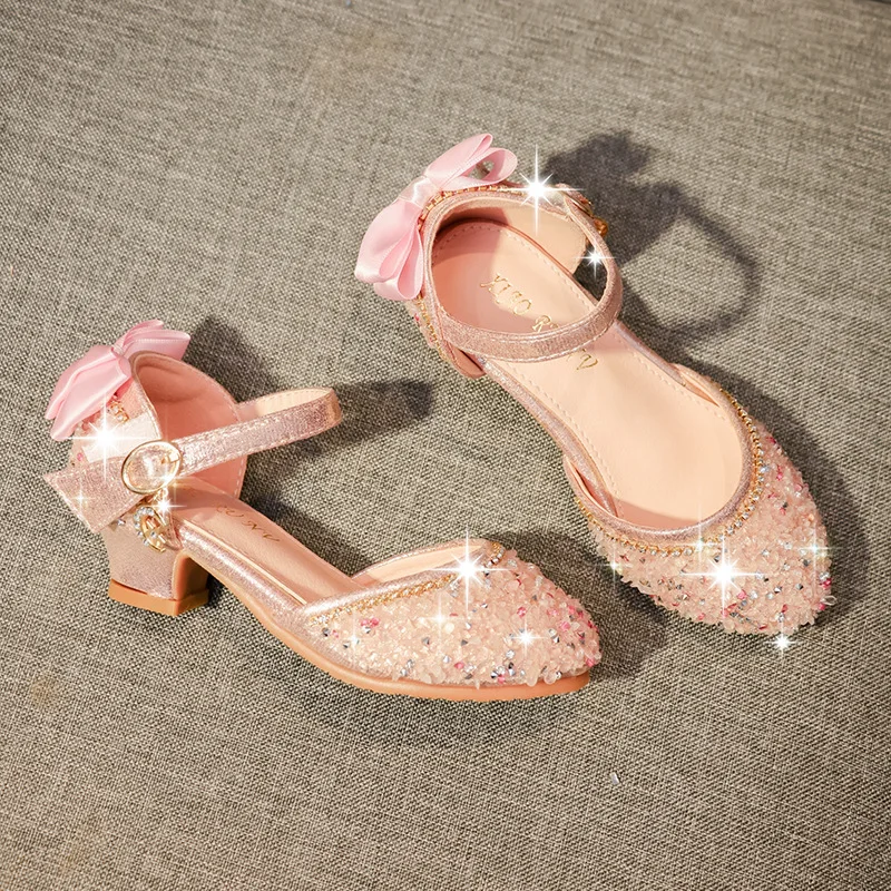 

3-10 Year Princess Fashion Bow Sequins Crystal Kids Sandale Children 2020 Girl High Heels Dance Party Sandal Summer Leather Shoe