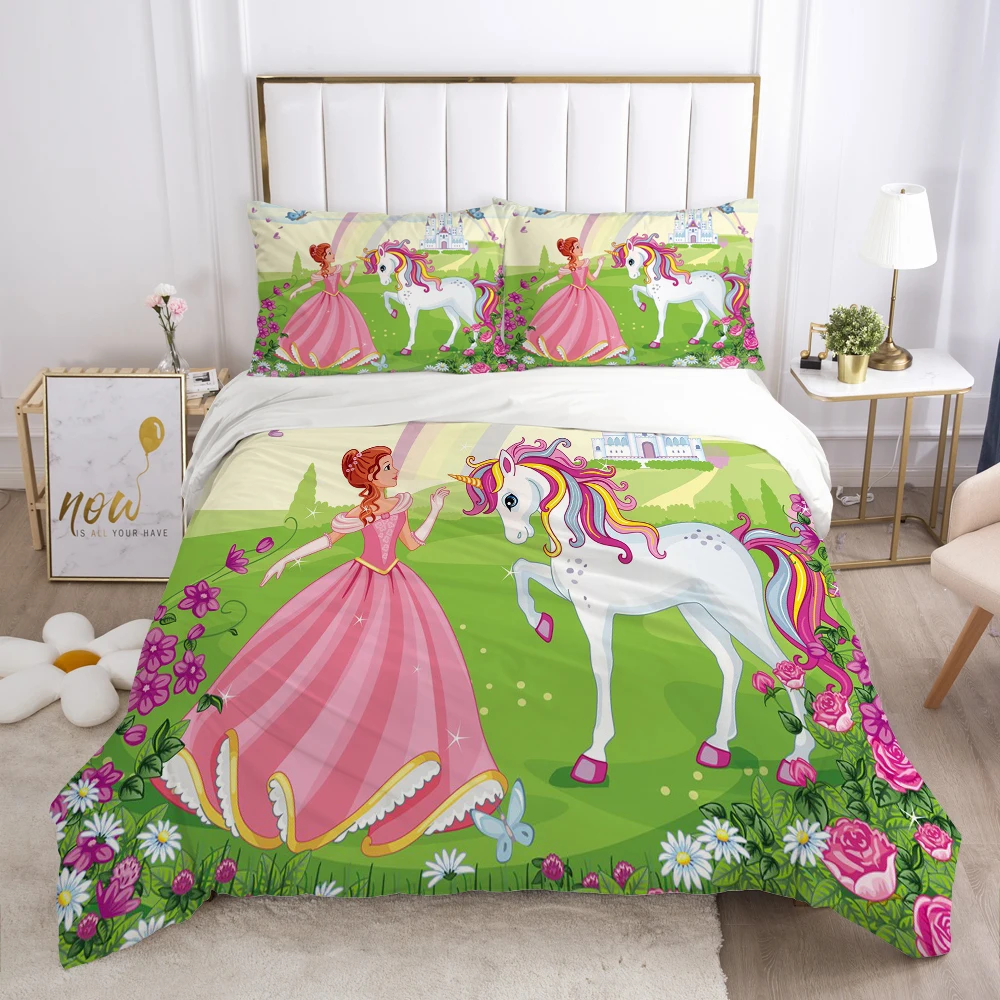 

Cartoon Princess Duvet Cover Set 3D Unicorn Children Bedding Set For Kids Baby Comforter Cover Pillowcases Girls Bedclothes