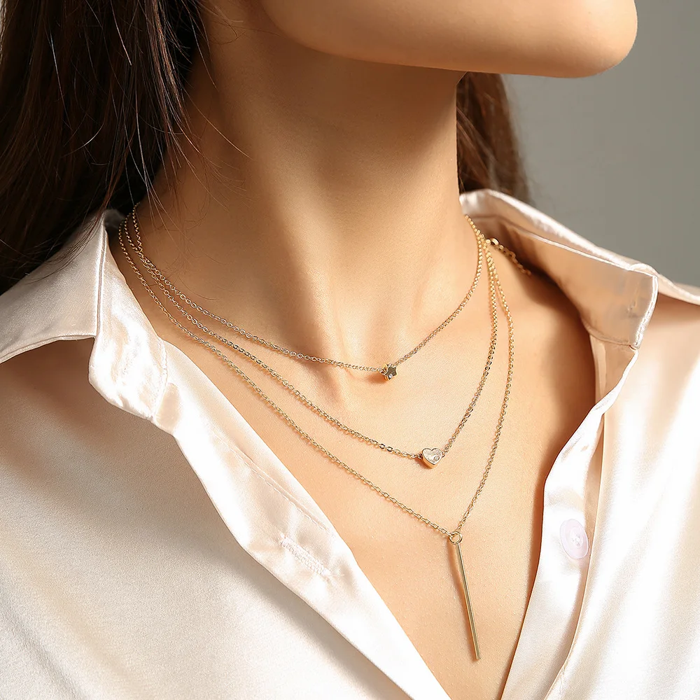 

Hot sale fashion Jewelry on the neck multi-layer heart-shaped chain necklace simple geometric star pendant necklaces for women