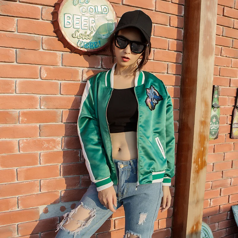 2018 весна осень Женская Повседневная бейсбольная куртка Вышивка синяя с длинным