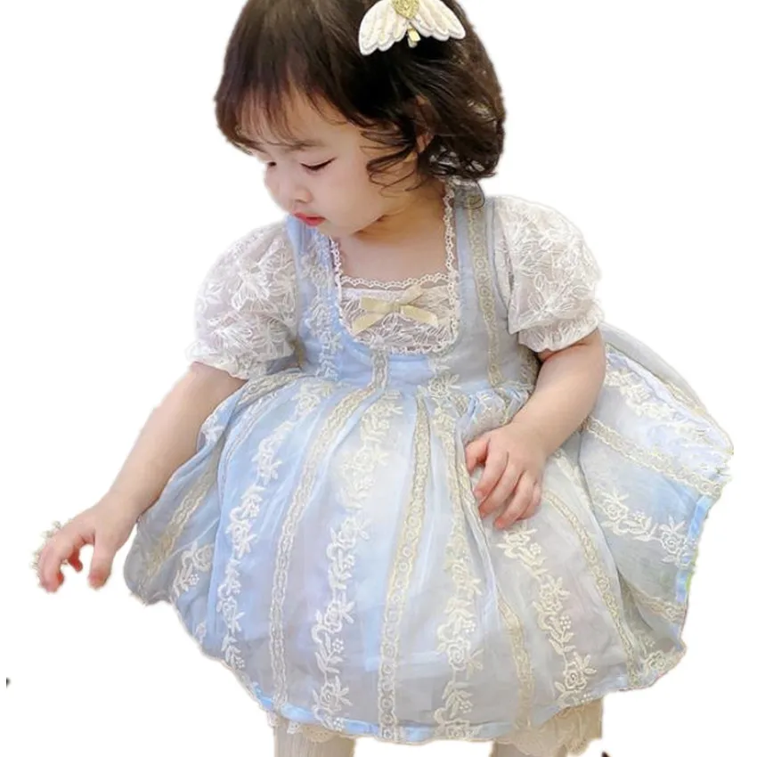 

2021 summer baby girl spanish princess dress puff sleeve square collar lace stitching ball gown dress