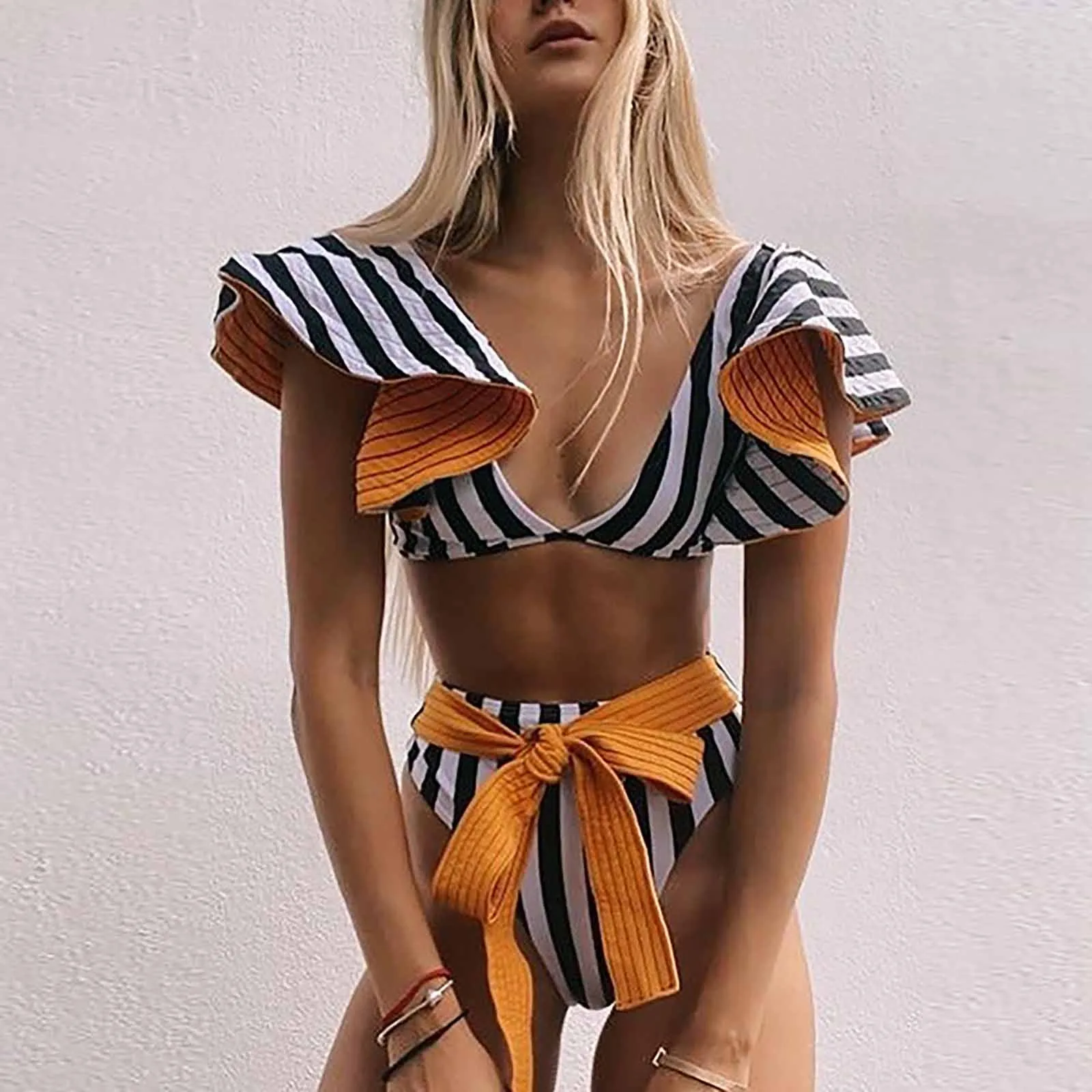 Модное бикини с оборками пикантная кофта принтом растений купальник из двух