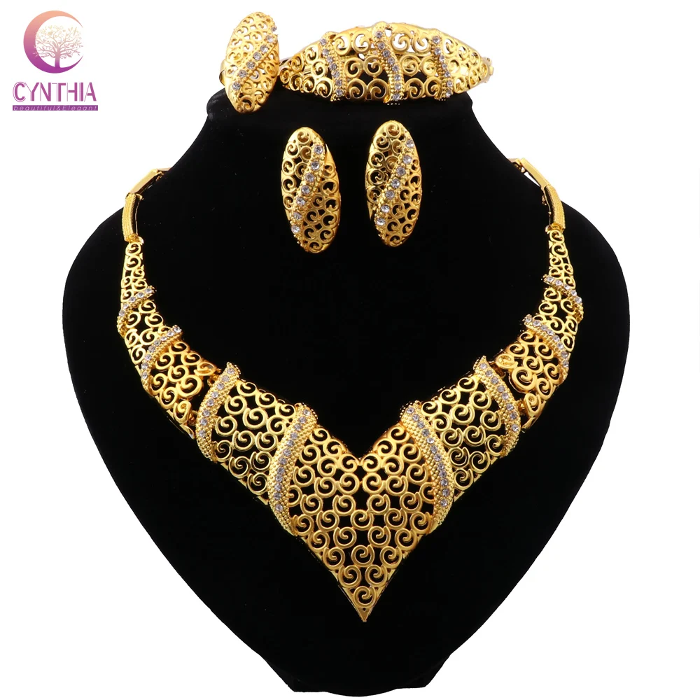 

CYNTHIA African Beads Crystal Jewelry Sets Brand Dubai Gold Color Necklace Sets Wholesale Customer Nigerian Bridal Bead Set