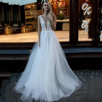 a line glitter wedding dresses v neck party bridal dresses tulle lace appliques beach shiny wedding gown custom made gelinlik