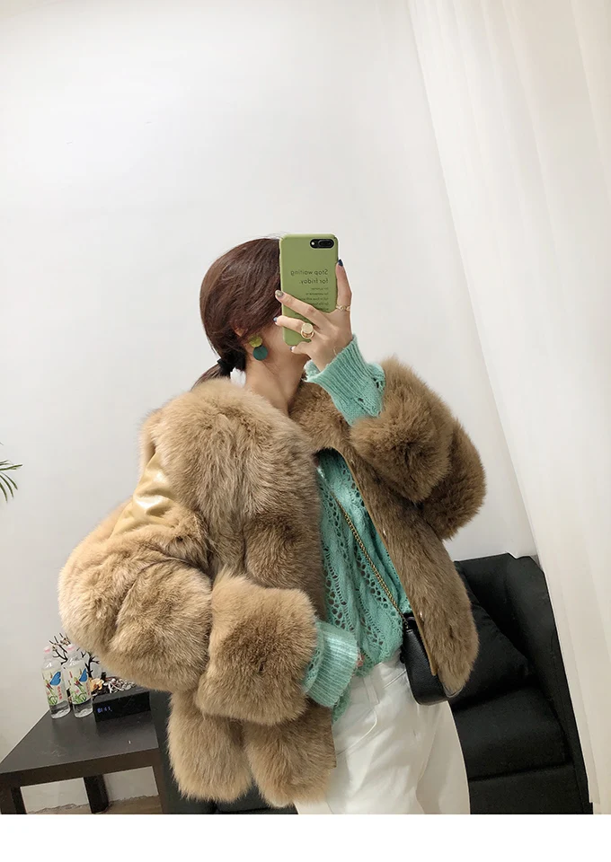 Rf1929 зимнее короткое пальто из натурального Лисьего меха Stlye FluffyReal, натуральная кожа, натуральный мех, куртка с длинным рукавом, женские пальто из натурального меха