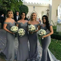 gray mermaid bridesmaid dresses off the shoulder satin lace beading backless long formal wedding party guest prom evening gowns