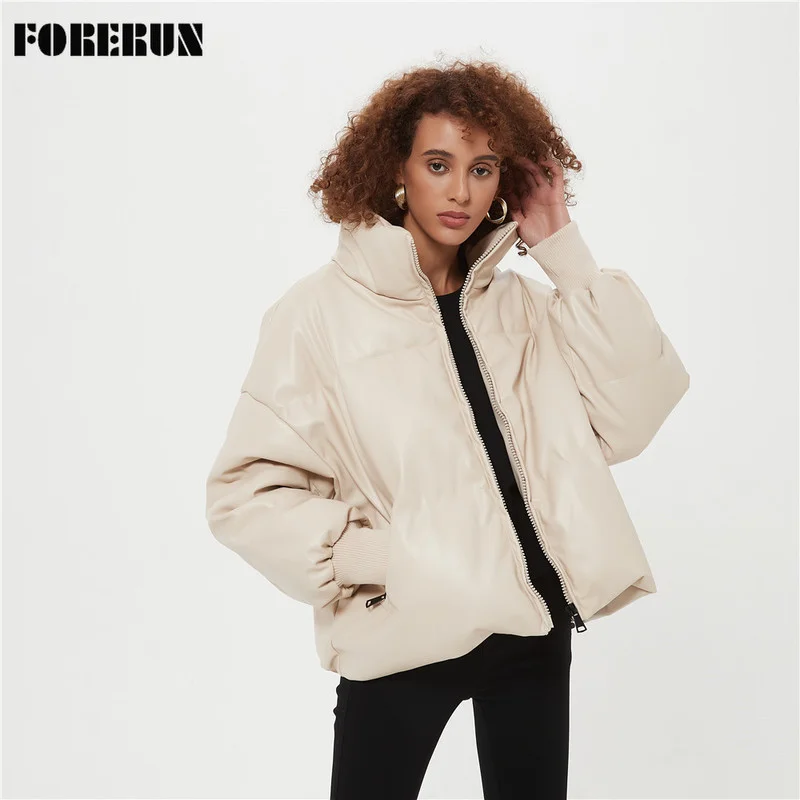 

FORERUN кожаная куртка Для женщин, бежевый цвет утепленные хлопковой подкладкой негабаритных Fluffly пузырь пальто Za ветрозащитный Casaco Feminino