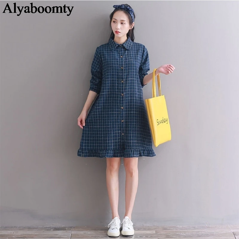 Женское короткое платье весна-осень женственное платье-рубашка в клетку