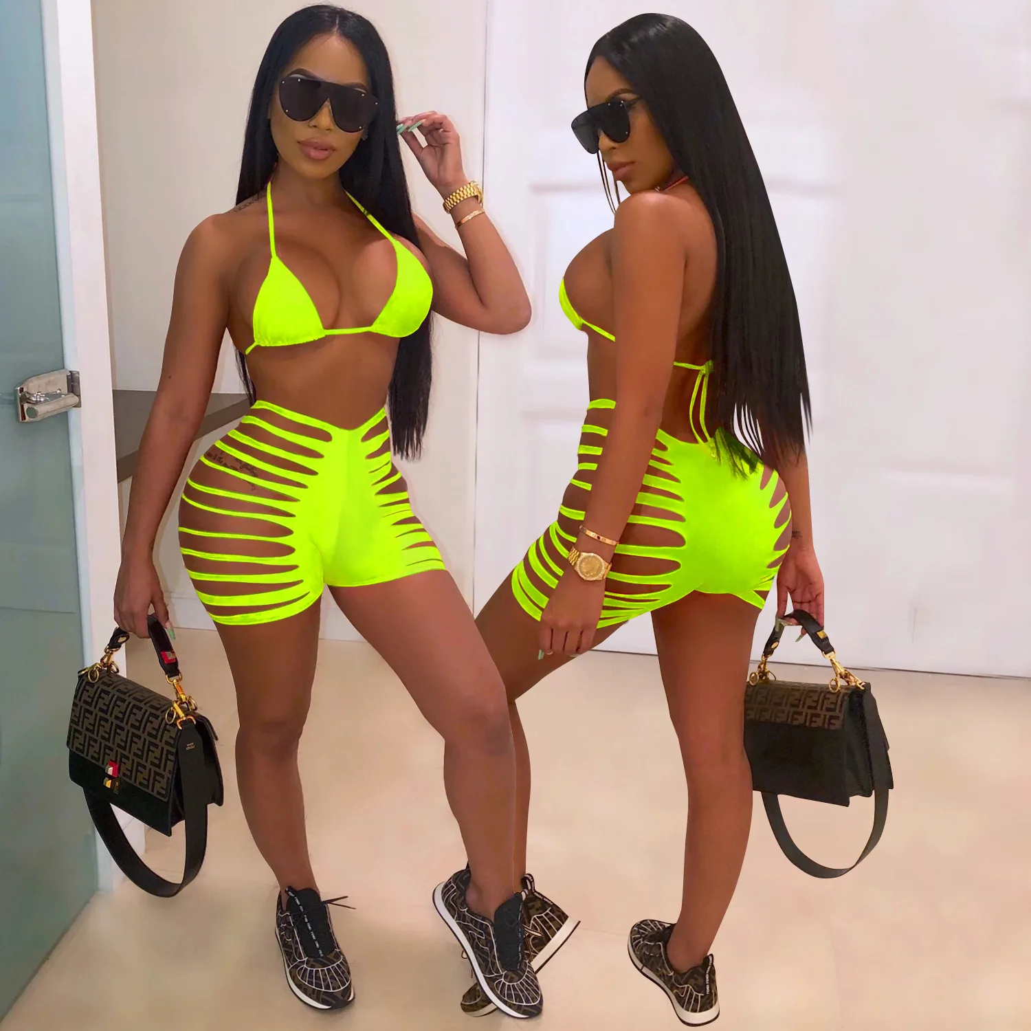 

2020 Hirigin Women Sexy 2pcs Bikinis Set Summer Top and Hollow Out Short Beachwear Set S-2XL