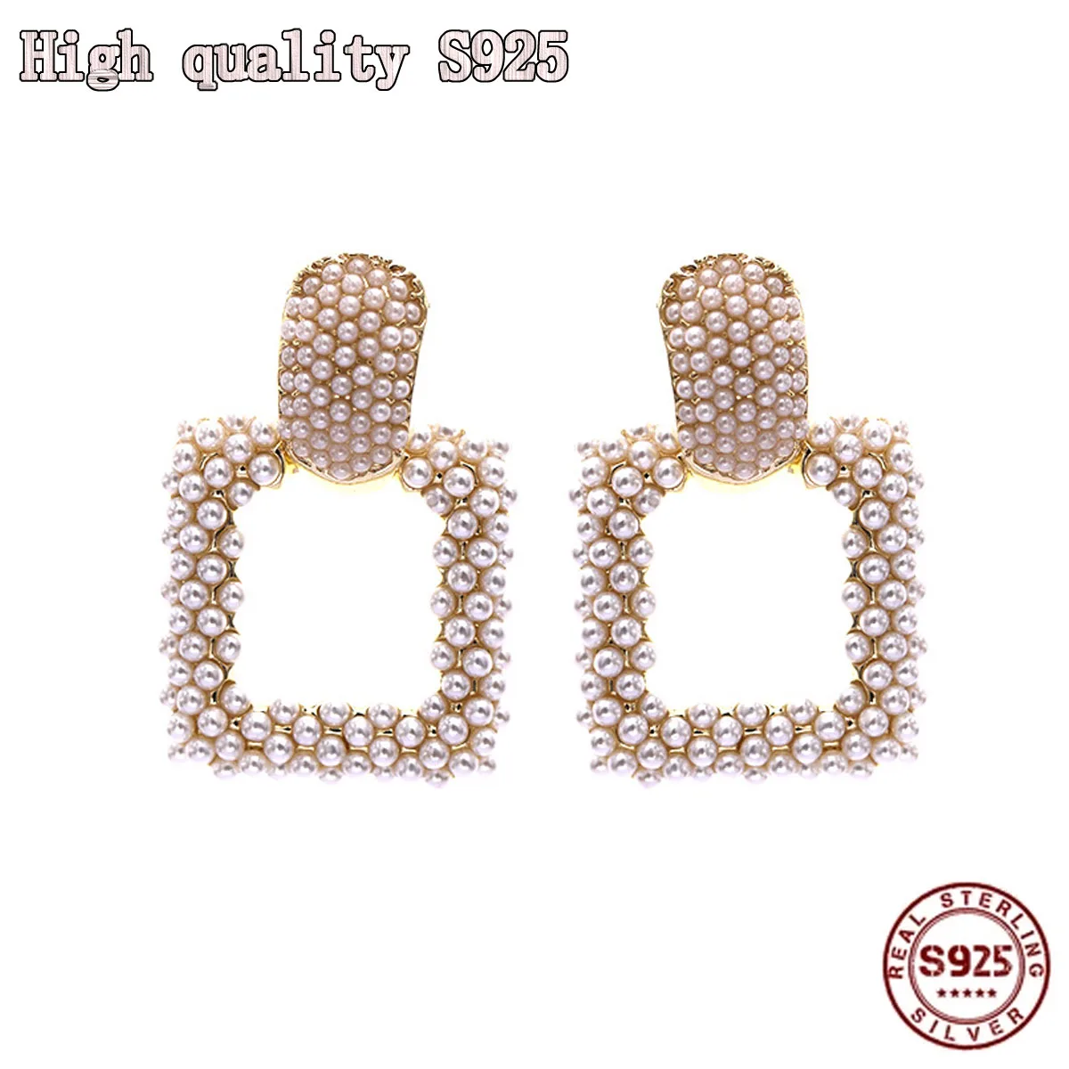 

High Quality Elegant Temperament Geometric Square Pearl Earrings S925 Silver Needle Retro Women Earrings Pearl Earrings