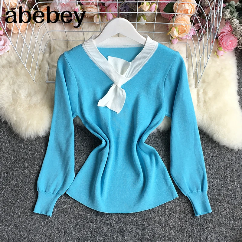 

2021 New Spring Autumn Fashion V-Neck long sleeve knitted Pullover cross bandage bow decoration hit color patchwork Sweater Top