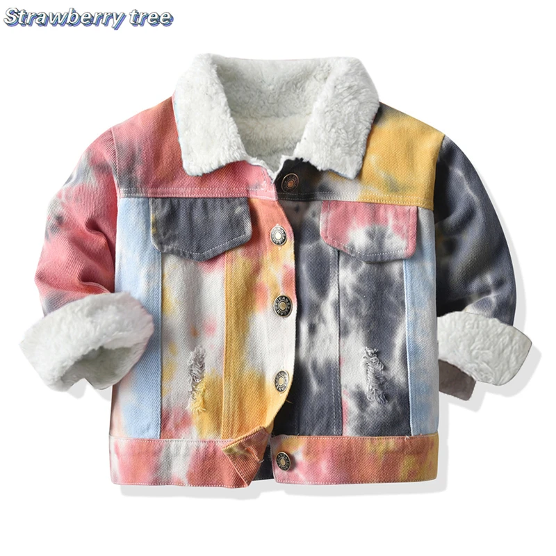 

Winter Little Boys Girls Tie-dye Plus Velvet Denim Jackets Casual Warm Hole Cotton Jeans Coat Kid Thick Denim Outerwear Children