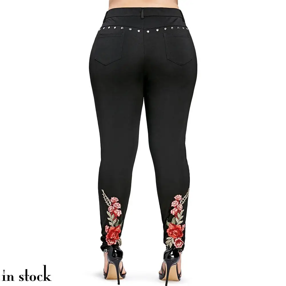Плюс Размер 5XL Цветочные Вышивка Заклепки Карандаш Брюки Женщины Летняя Одежда