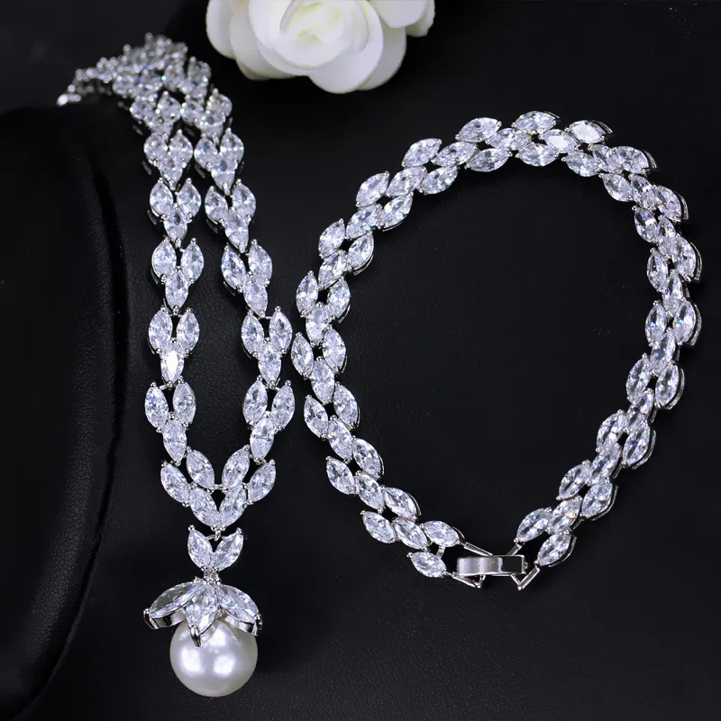 

AGLOVER Silver Colour Genuine Pearl Aaa Zircon Flower Jewelry Set For Woman Wedding Necklace / Earring / Bracelet Set Gift