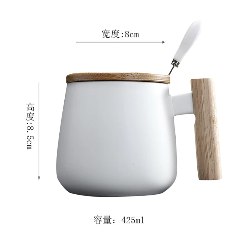 

425ml Nordic Style Wooden Handle Wooden Lid With Handle Spoon Ceramic Coffee Cup Home Office Large Capacity Juice Milk Mug