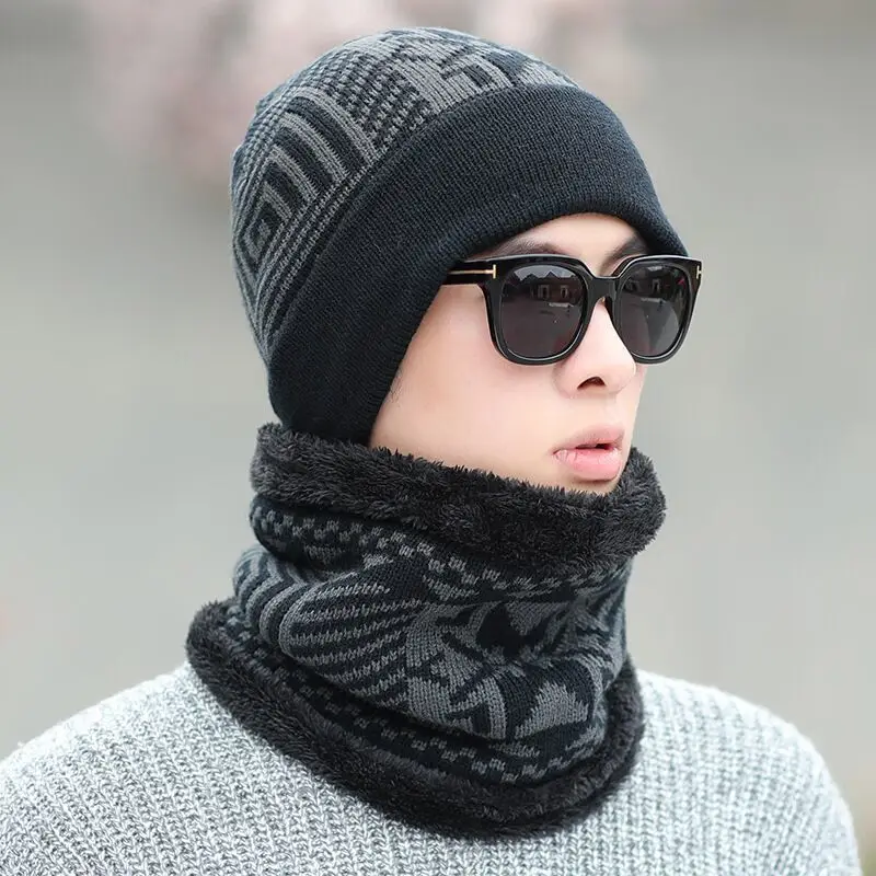 

Neck Warmer Knitted Hat Scarf Set Fur Wool Lining Thick Warm Knit Beanies Balaclava Winter Hat For Men Women Cap Skullies Bonnet