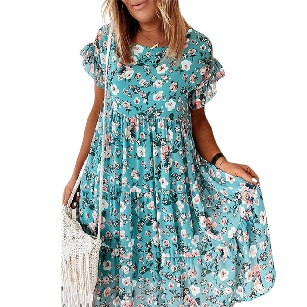 

Loose Dress Women Summer Floral Print O Neck Short Sleeve Boho Beach Holiday Casual Women Clothing Mini Dress
