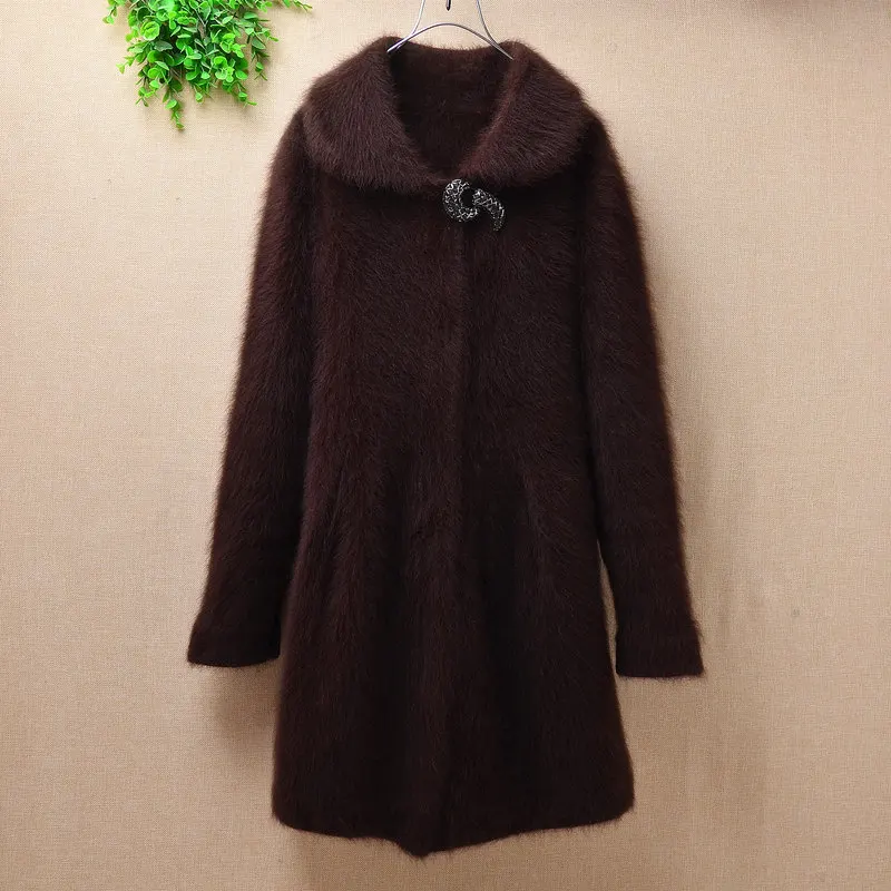 Body73cm chest88cm Femme женские зимние толстые модные плюшевые норковые кашемировые кардиганы Тонкий Бисероплетение Ангорский кролик мех длинный рукав свитер мантия пальто - Цвет: Body73cm chest88cm