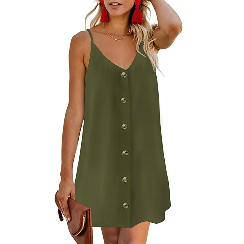 

Women Summer Spaghetti Strap Button Down V Neck Sleeveless Casual Mini Dress