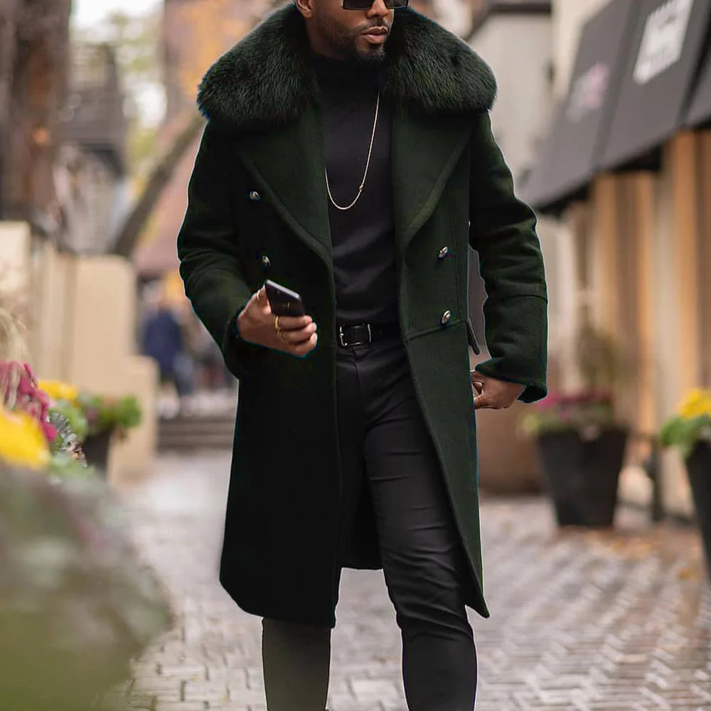

Winter Men Long Woolen Coat Straight Lapel Button Pocket Solid Black Fashion Oversize 4XL Office Casual Warm Outwear Top Fur