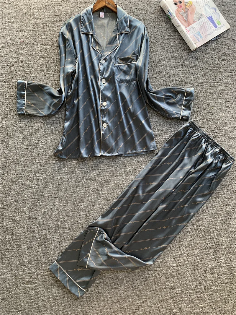 Новая мужская пижама кардиган повседневная удобная имитация шелка брюки с