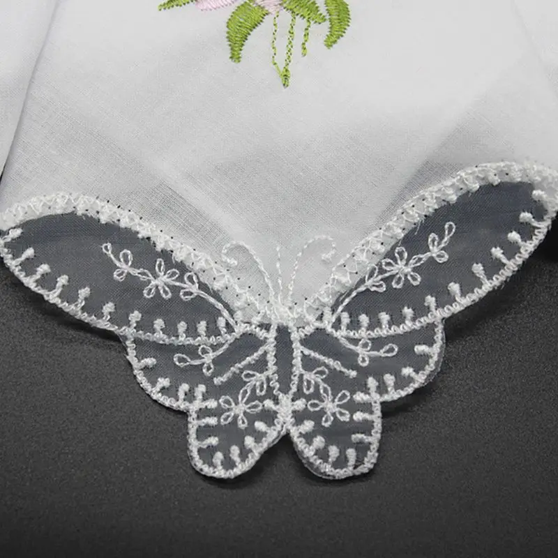 

5Pcs/Set 11x11 Inch Womens Cotton Square Handkerchiefs Floral Embroidered with Butterfly Lace Corner Pocket Hanky