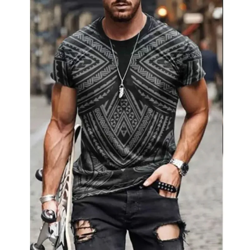 

Men's large T-shirt casual wear round neck short sleeve retro fashion smooth loose top with heartbeat pattern