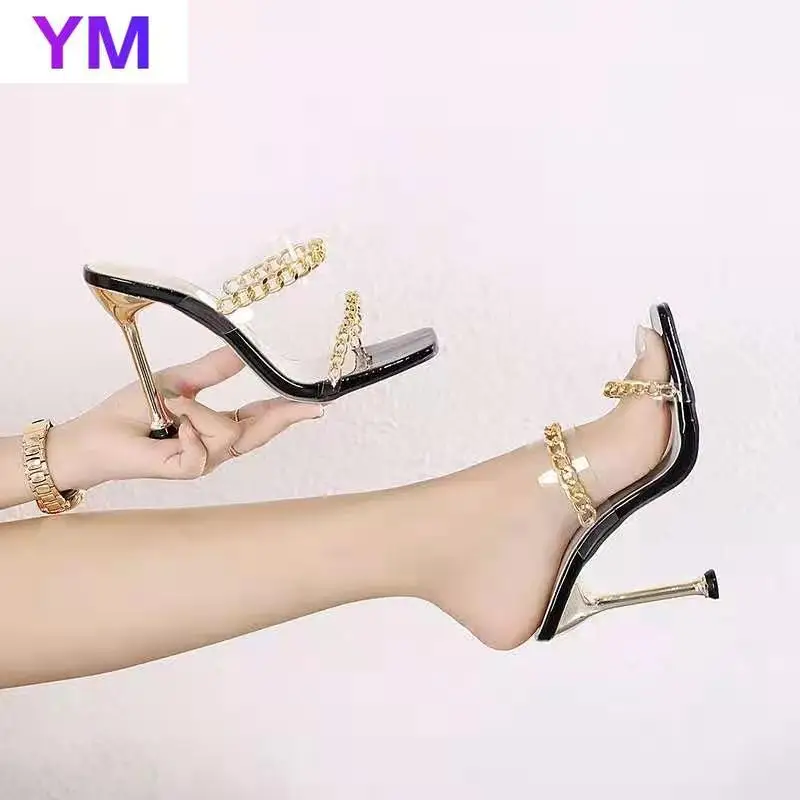 

Black Gold 2021 New PVC Jelly Slippers Open Toe Perspex Sike High Heels Crystal Women Transparent Heel Sandals Slippers Pumps