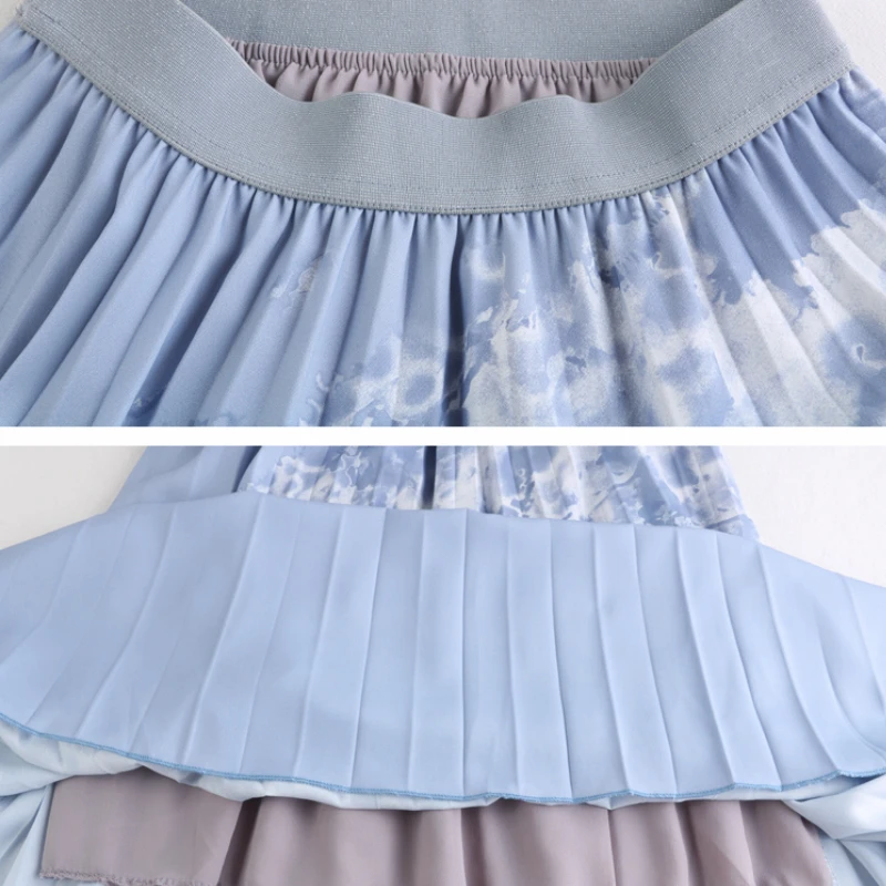 

Spring Ink Paint Irregualr Dye Printing A-line Pleated Maxi Long Skirts Blue Green