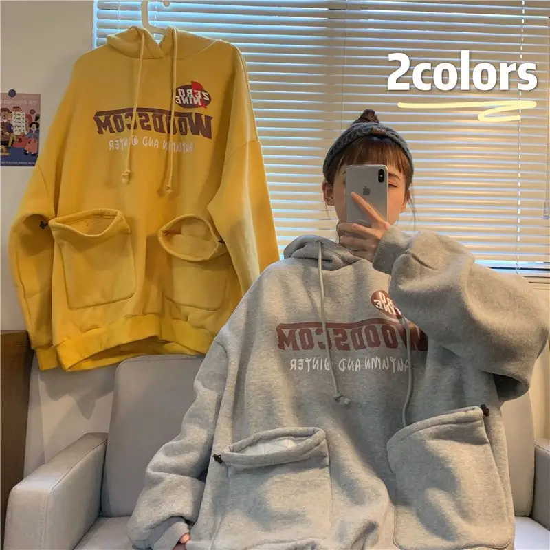 

Fleece Hoodies Women Autumn-winter New Big Pockets Oversized Printed Pullovers Female Korean Fashion Loose Thickened Hooded Tops