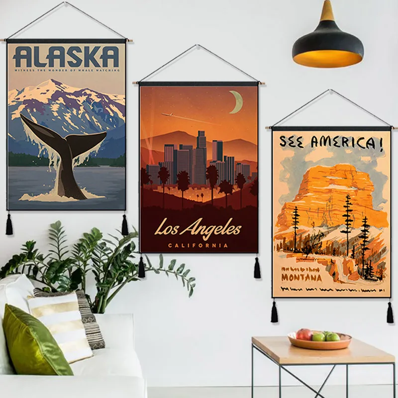 See America Great Smoky Mountains Park Vintage Hanging Cloth Cotton Line Painting Poster Home Decor Wall Tapestry Gift | Дом и сад