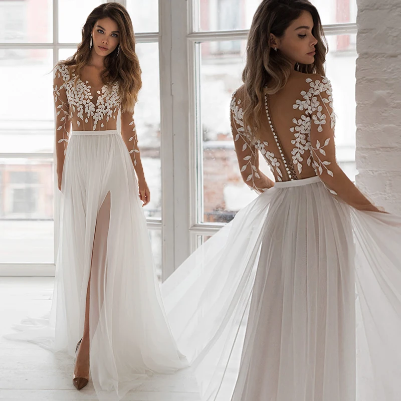 

New Charming Boho Long Sleeves Bridal Wedding Dresses V Neckline Illusion Buttons Back Wedding Gowns for Bride Side Split 2021
