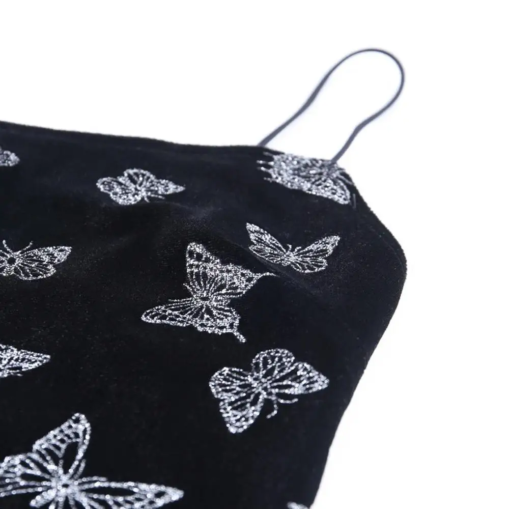 Женское бархатное платье на бретельках без рукавов с принтом бабочки облегающее