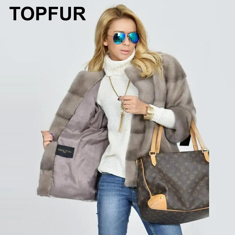 Женское зимнее пальто из натурального меха норки с круглым вырезом и рукавами