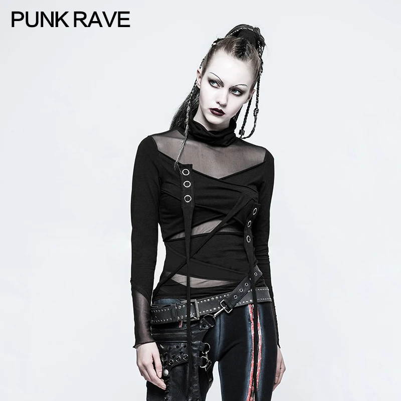 PUNKRAVE Women's Punk Tailor Network Multi Split T-shirt Gothic Sexy Perspective Mesh Cotton Knit Turtleneck Long Sleeve Top | Женская