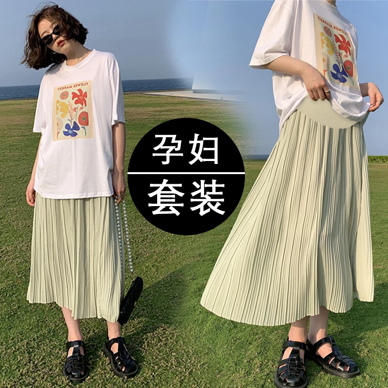 

6130# Summer Fashion Pleat Chiffon Maternity Skirts Elastic Waist Belly A Line Loose Clothes for Pregnant Women Casual Pregnancy