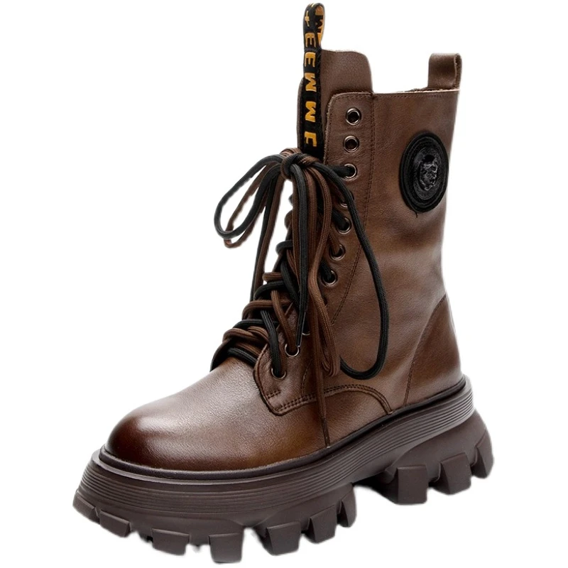 

Autumn and Winter Comfortable Wear-resistant Cowhide Women Shoes Mid-Calf Thick-soled Non-slip Martin Boots Fashion Women Boots