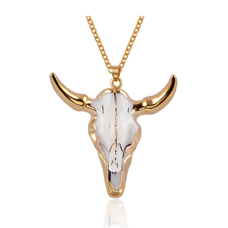 

Punk Hip Hop Rock Gold White Color Bull Head Long Chain Pendant Copper Necklace For Men Jewelry Gift