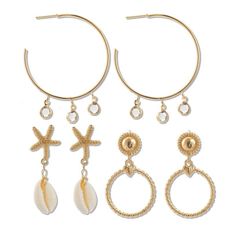 

Elegant Gold Beach Shell Starfish Love Heart Pearl Dangle Earrings for Women Ethnic Jewelry Boho Drop Earring Set