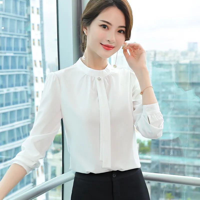 Женская шифоновая рубашка элегантная приталенная Деловая блузка с бантом и